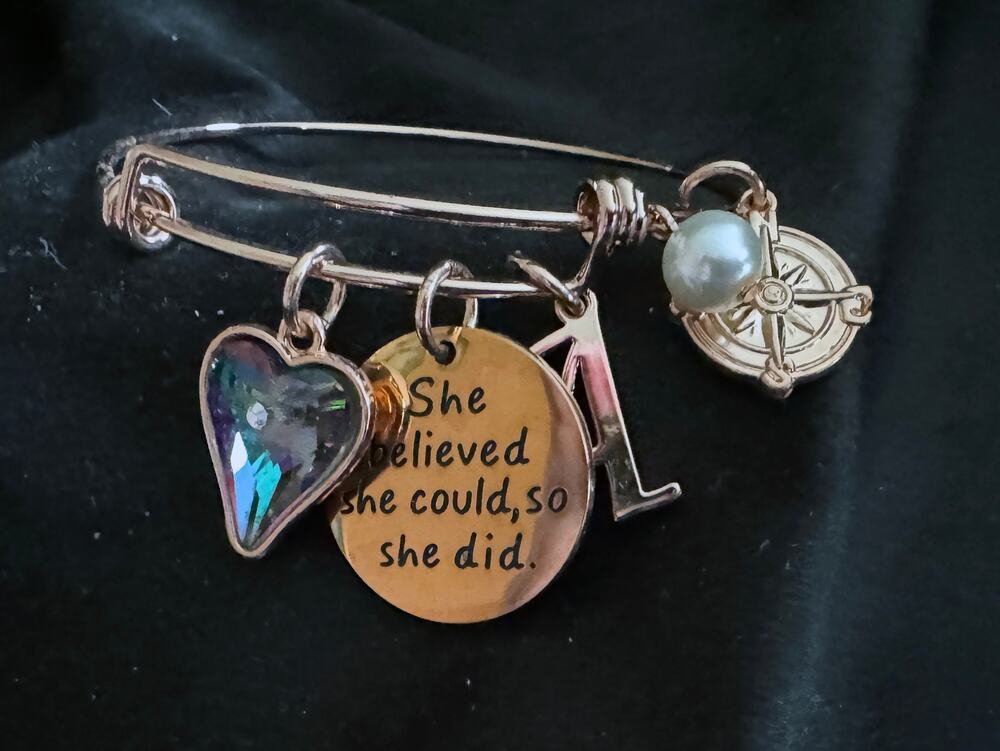 Rose Gold Charm Bangle Bracelet “A” Initial She Believed She Could Quote B048